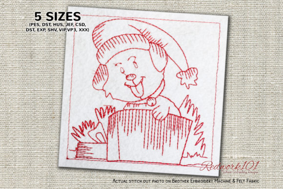 Christmas Dog with Gift Box Redwork: A Charming Embroidery Design